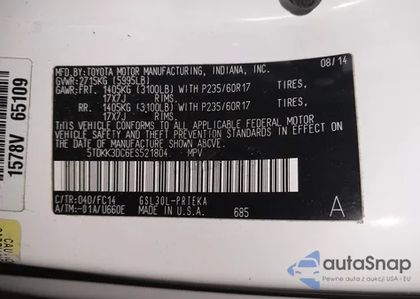 2014 Toyota Sienna Le V6 8 Passenger z USA, uszkodzony, nr VIN 5TDKK3DC6ES521804